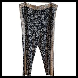 Susan Graver Black Floral Print Pants Plus Size 1X Straight Leg Pull On